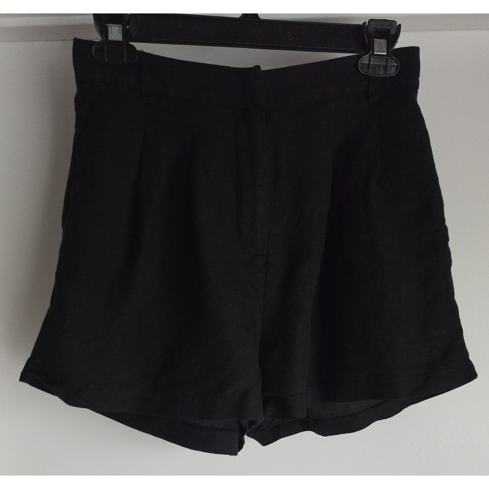 AQUA Women's Shorts Size S Black Solid Linen Blend Bermuda Casual